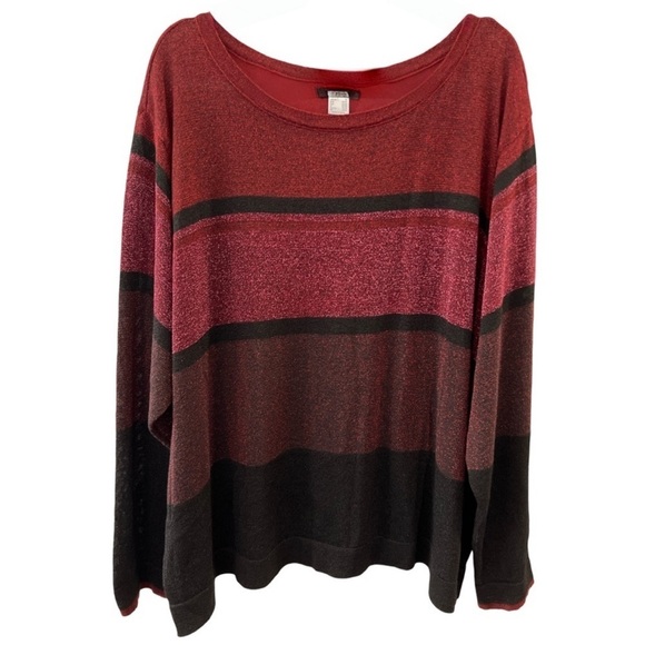 VENUS • Red & Black Crewneck Color Block Sparkly Glittery Striped Sweater Top - Picture 1 of 10